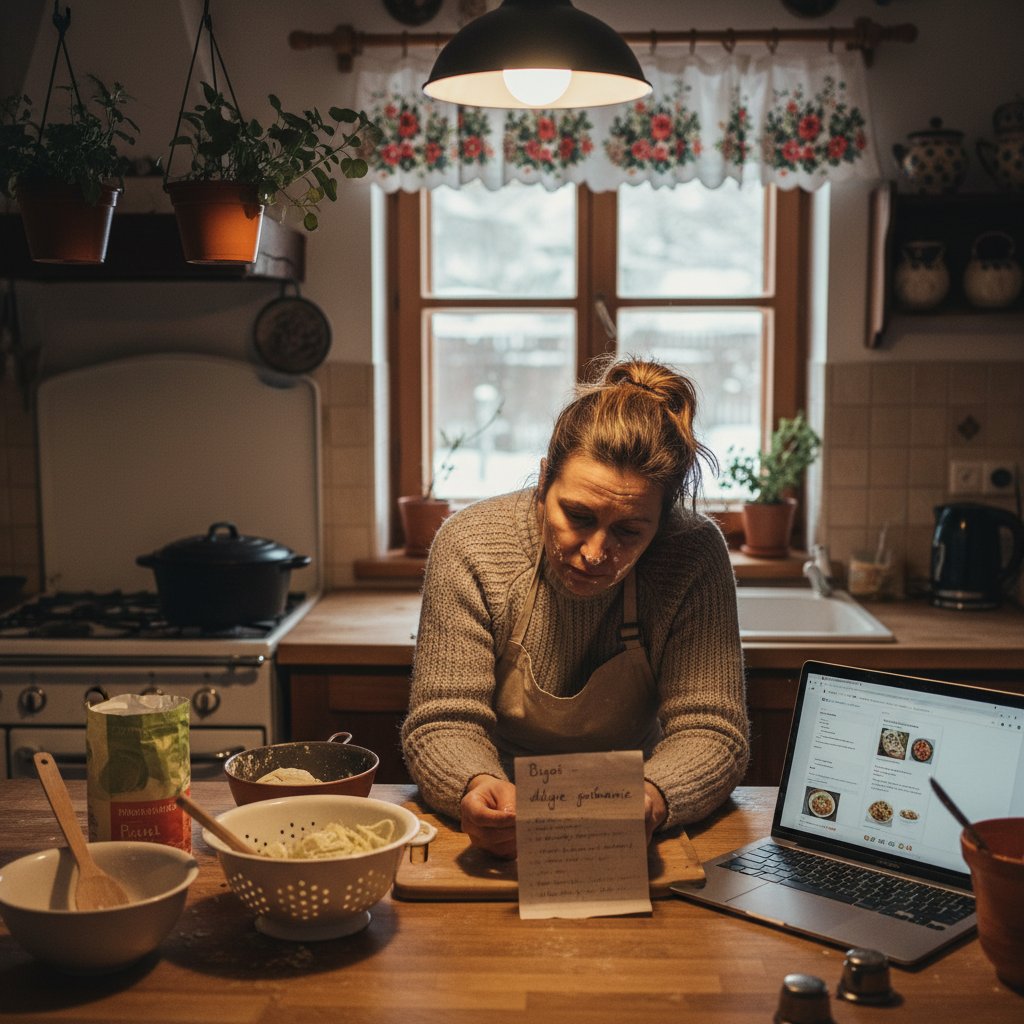 Polska kuchnia domowa, stół z przepisami i zmęczonym domownikiem