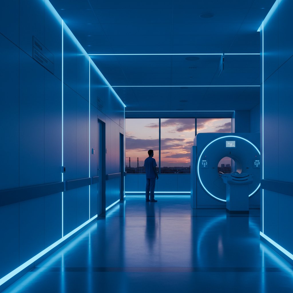Pusty szpitalny korytarz z widoczną maszyną MRI, światło neonowe, klimat niepokoju