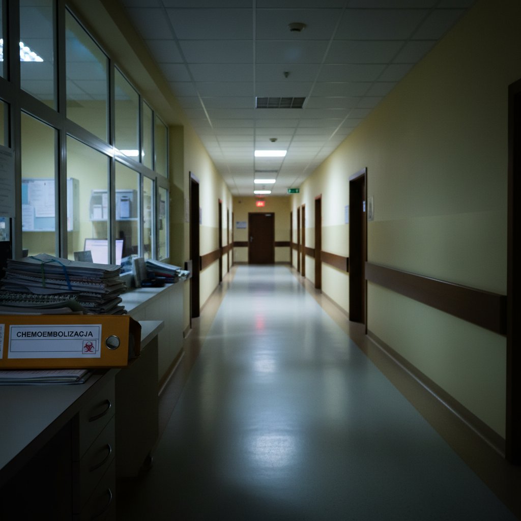 Polski szpital nocą, pusty korytarz, na krześle teczka z napisem 'chemoembolizacja'