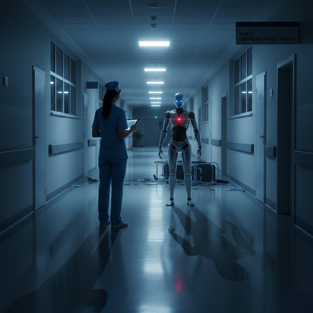 Robot w szpitalnym korytarzu spotyka pielęgniarkę – symboliczne zderzenie człowieka i maszyny w ochronie zdrowia