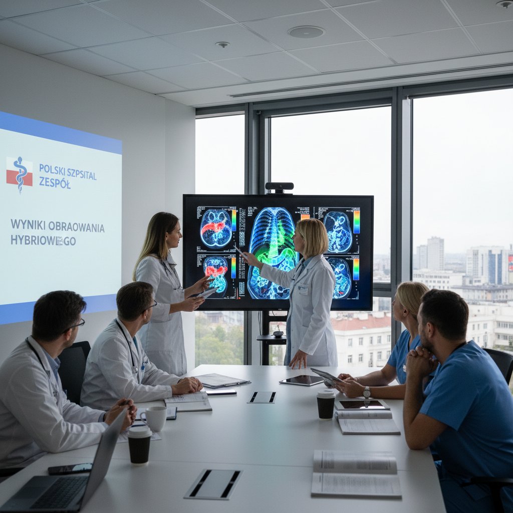 Polski zespół szpitalny na spotkaniu, analizuje wyniki obrazowania hybrydowego, dynamiczna kompozycja