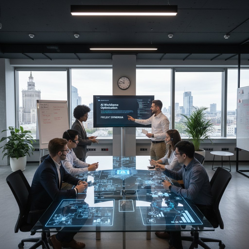 Polskie biuro HR, zespół w różnym wieku wspólnie pracuje nad wdrożeniem AI