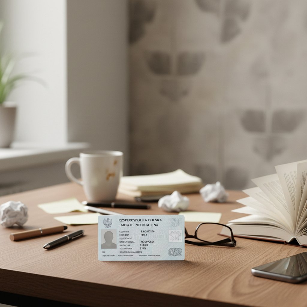 Polski dowód osobisty na zagraconym biurku, miękkie światło, neutralne tło