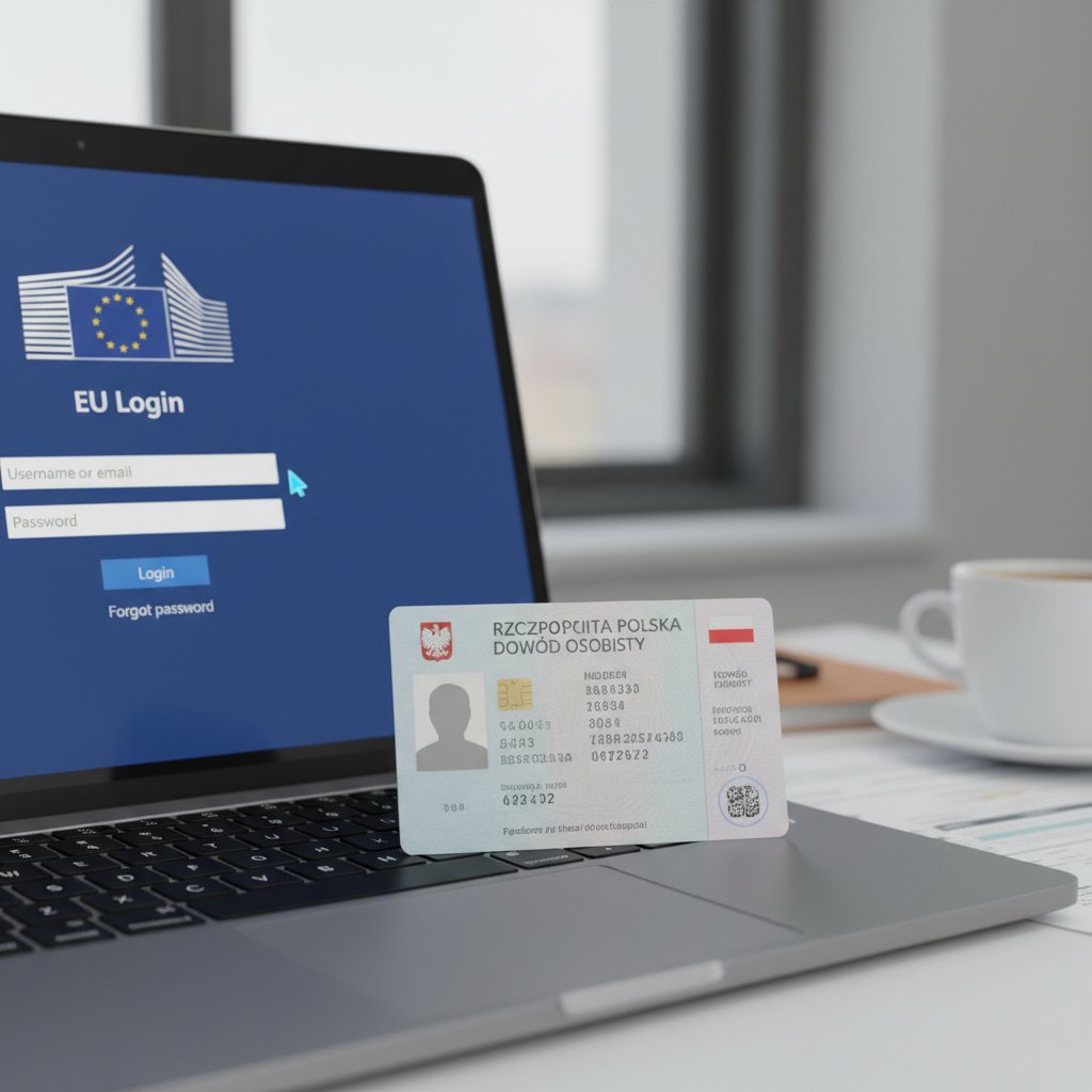 Logowanie do usług unijnych w Polsce – karta ID i laptop z EU Login na ekranie