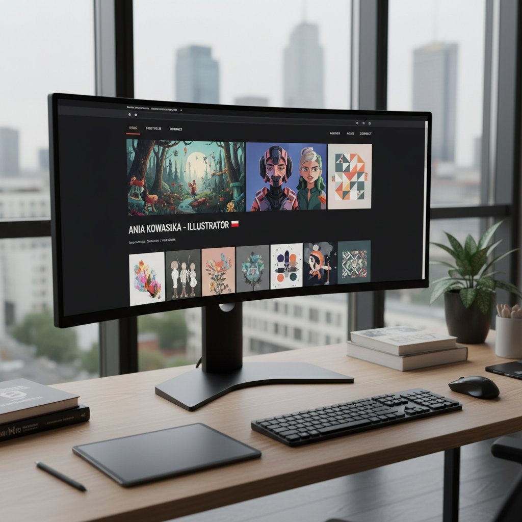 Polska ilustratorka przeglądająca swoje portfolio online na ekranie monitora, profesjonalny wygląd, nowoczesność