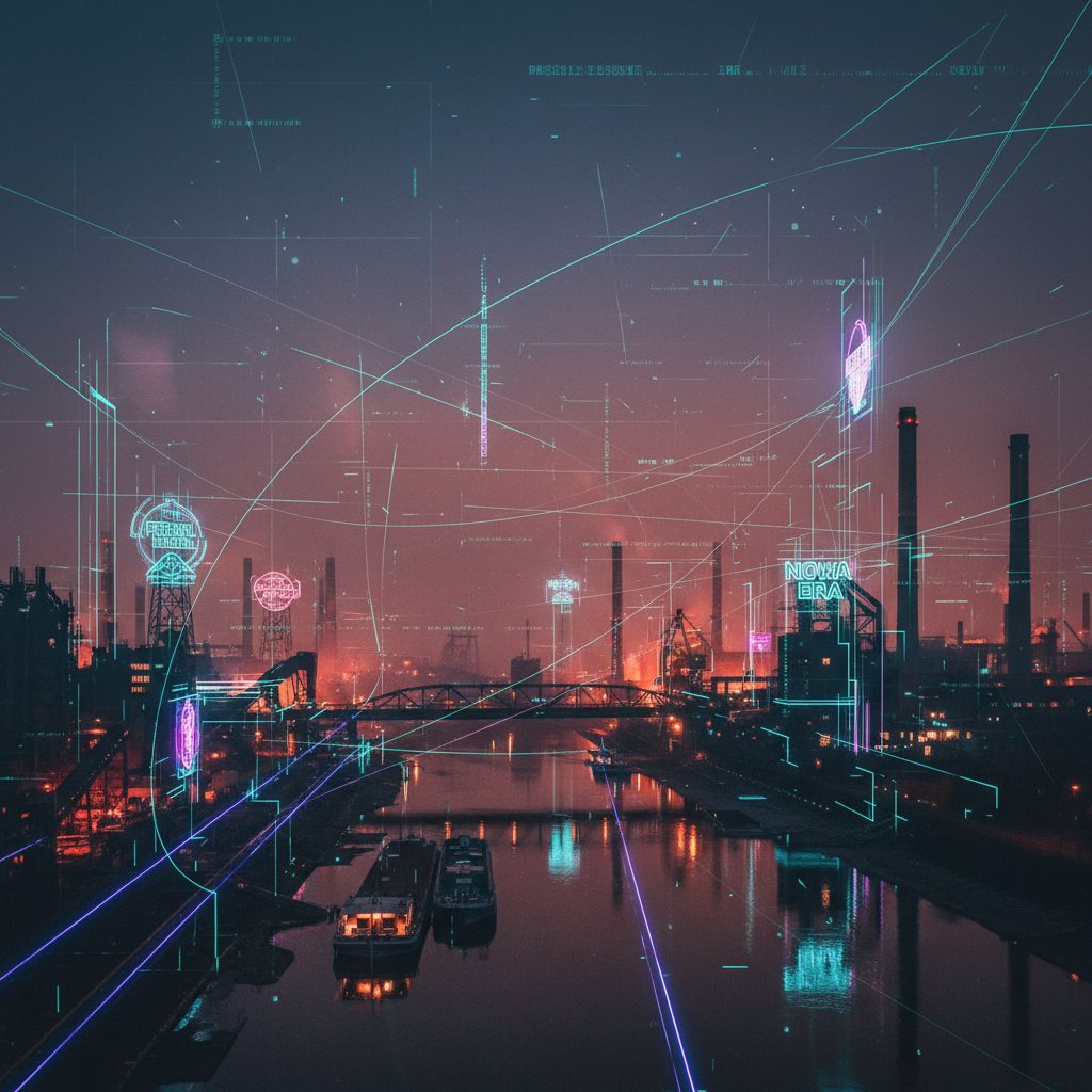 Panorama polskiego miasta przemysłowego z cyfrowymi nakładkami i neonowymi akcentami