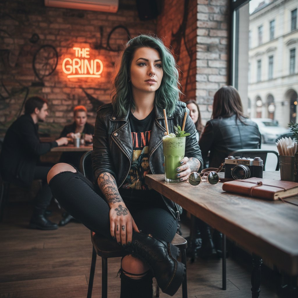 Polski influencer trzymający zielony napój w stylowej, miejskiej kawiarni, autentyczna atmosfera