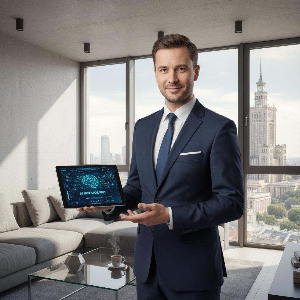 Młody inwestor korzystający z aplikacji AI do inwestowania, nowoczesny apartament