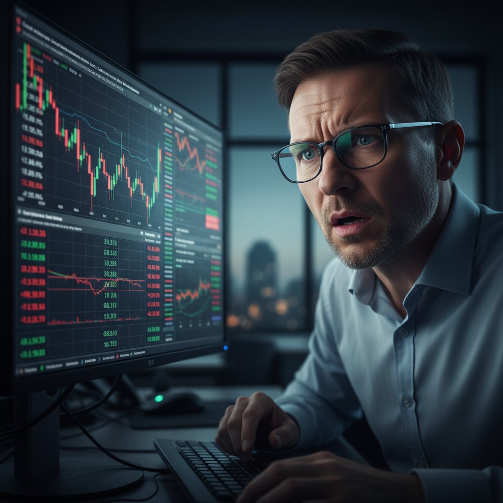 Zbliżenie na twarz inwestora: walka emocji, światło ekranu komputera