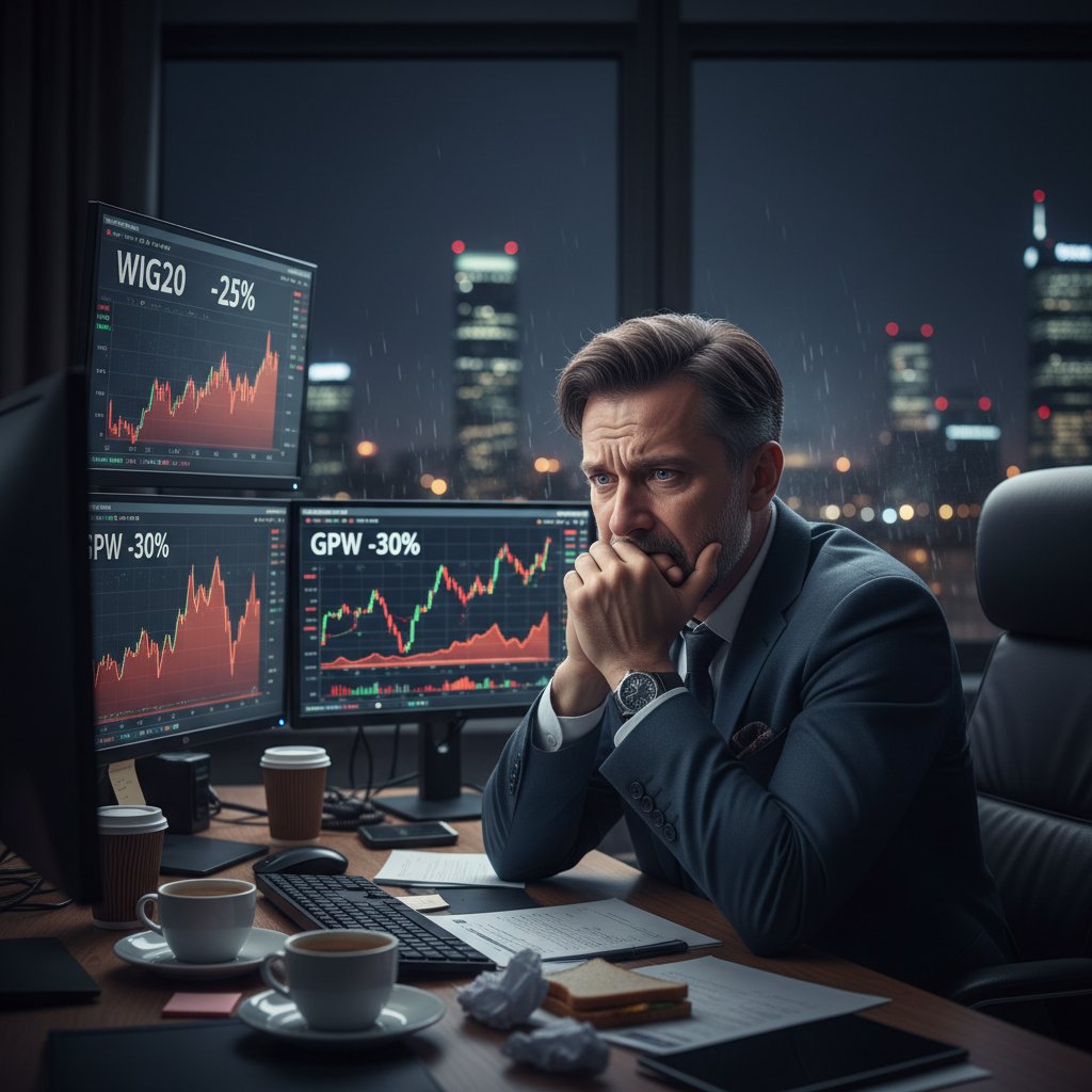 Polski inwestor analizujący spadające kursy akcji, noc, komputer, intensywne emocje