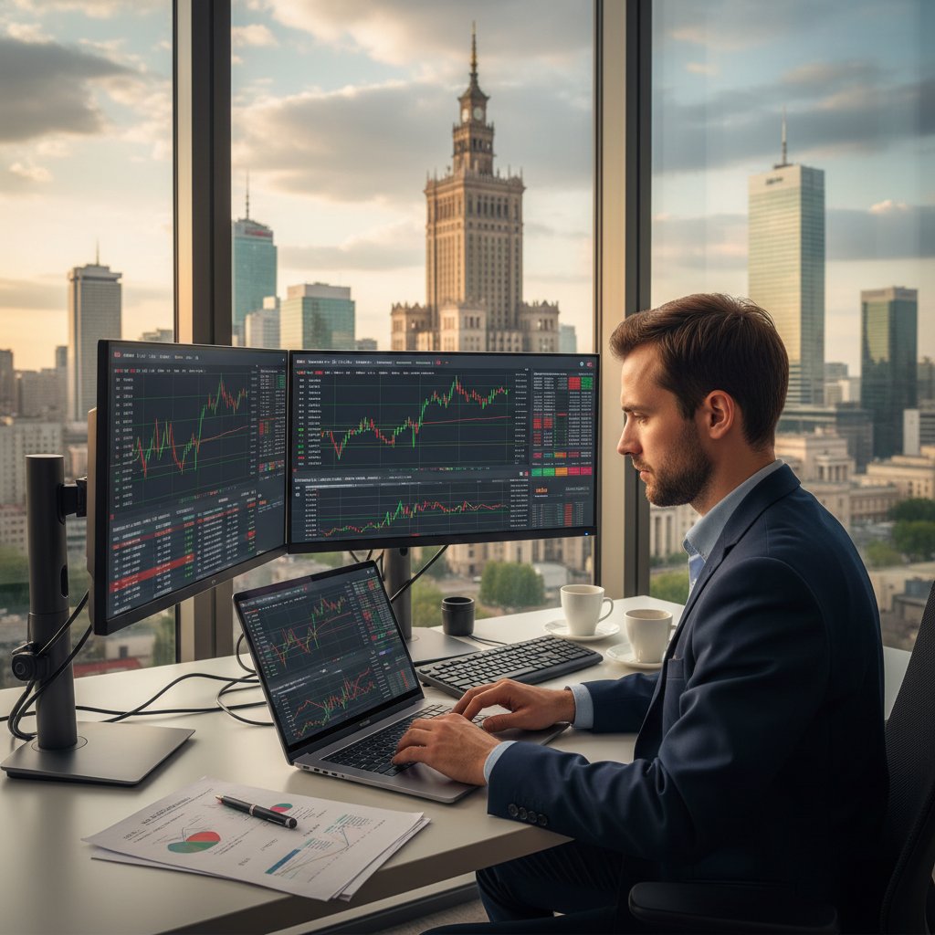 Polski inwestor analizujący dane finansowe na laptopie przy oknie z widokiem na Warszawę