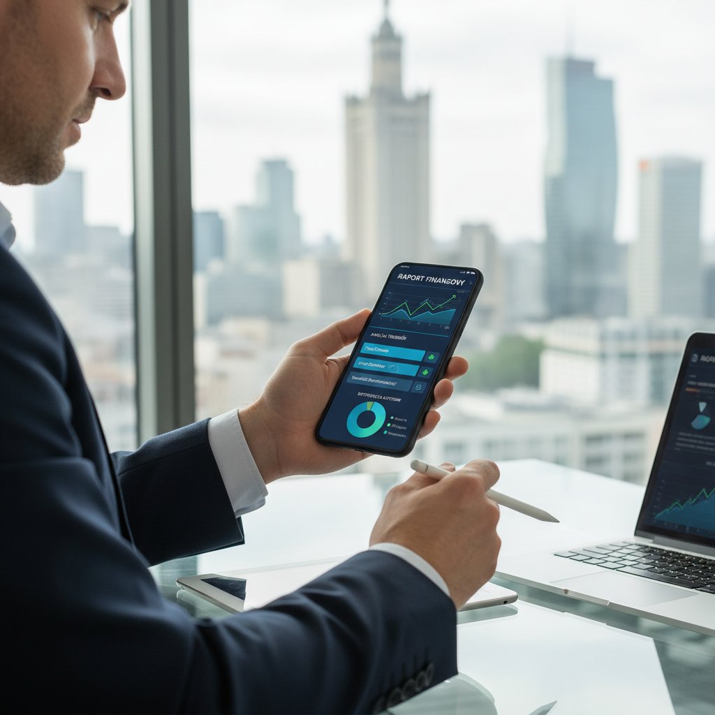 Inwestor korzystający z platformy raportowej na smartfonie, analiza trendów i wykresy