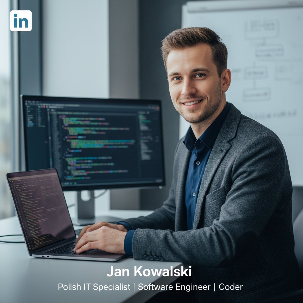 Polski programista IT pracujący przy komputerze, widoczne kodowanie i ekran z profilem LinkedIn