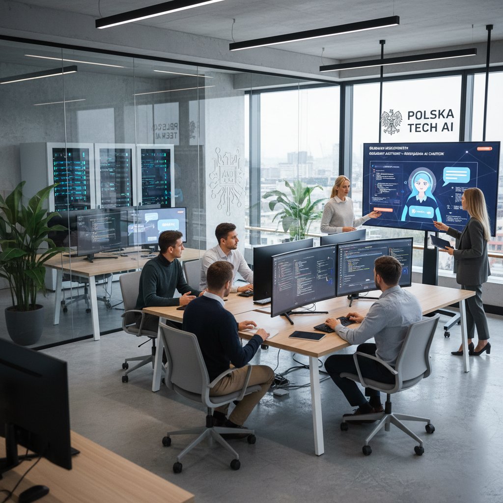 Nowoczesny polski zespół IT pracujący nad chatbotami AI, biuro, technologia