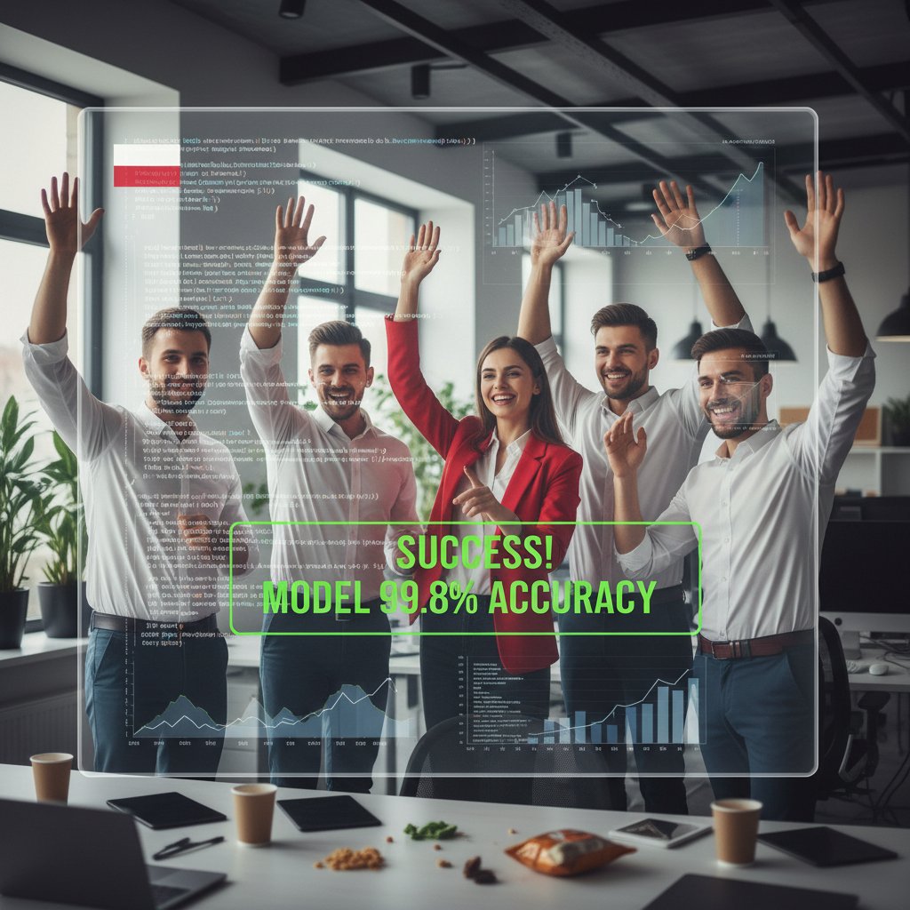 Polski zespół IT świętuje udane wdrożenie ML na tle tablicy z kodem i statystykami