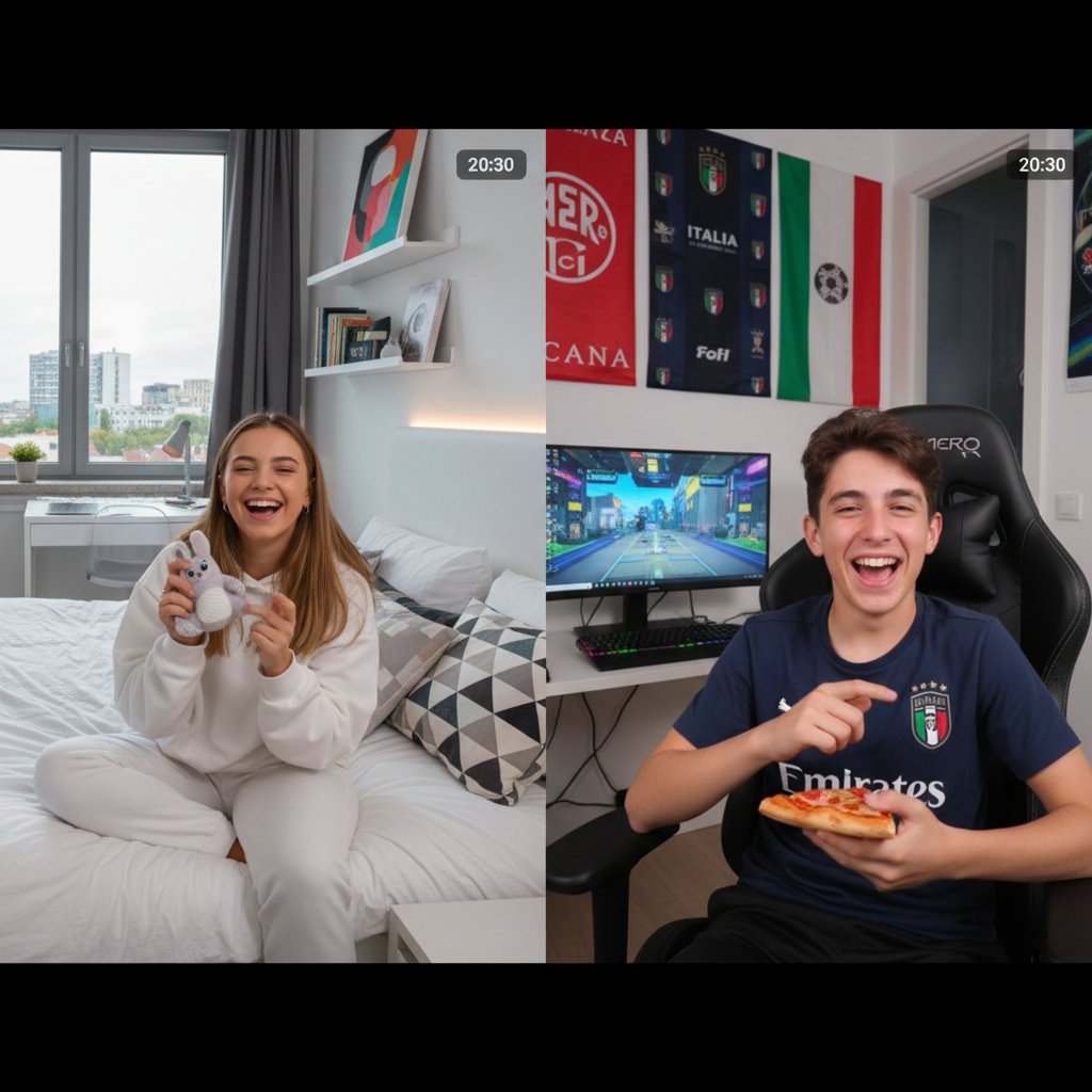 Polscy i włoscy nastolatkowie rozmawiający online podczas lekcji włoskiego – nowoczesne pokoje, autentyczna energia