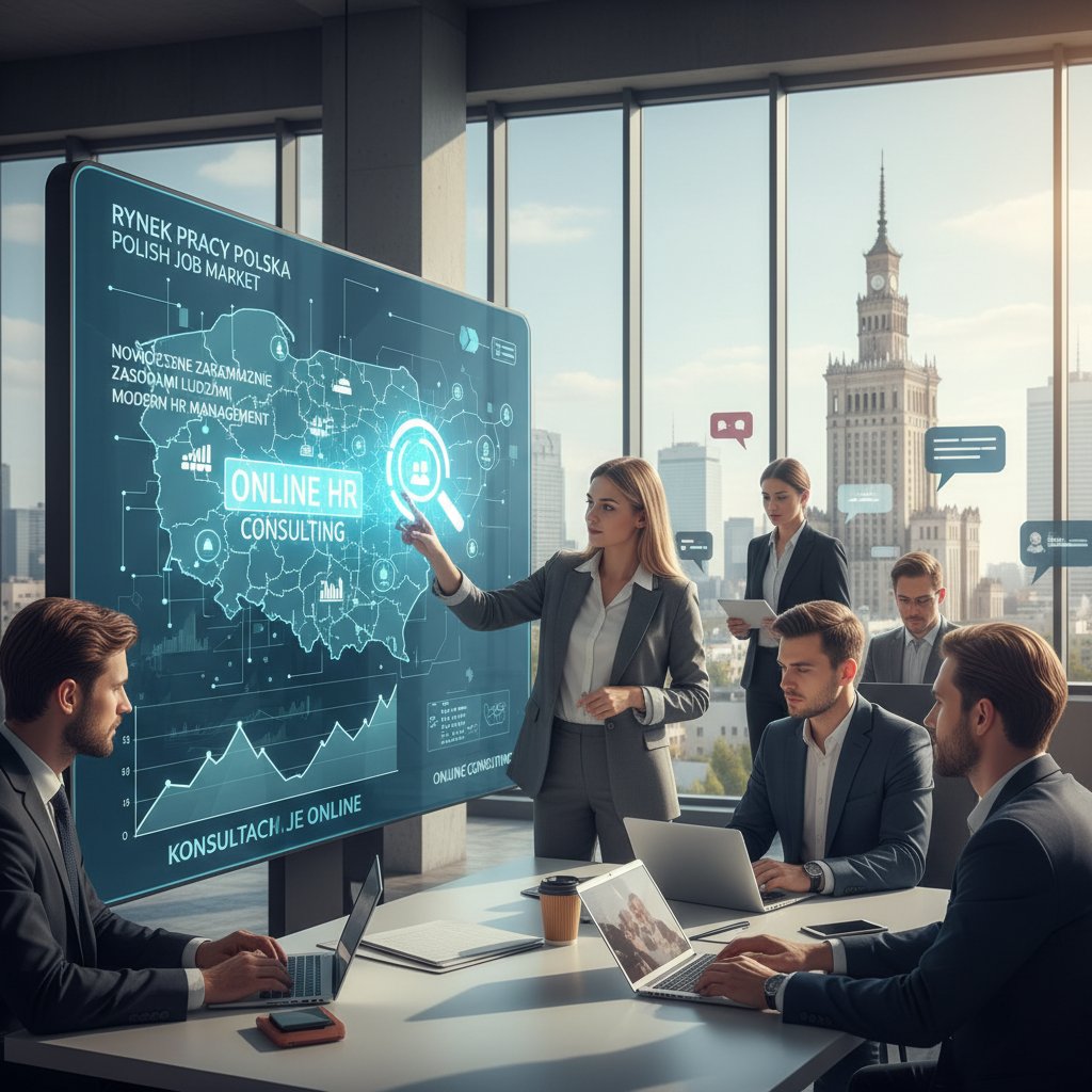 Polski rynek pracy 2025 – nowoczesne biuro, zespół HR korzysta z doradztwa online i AI