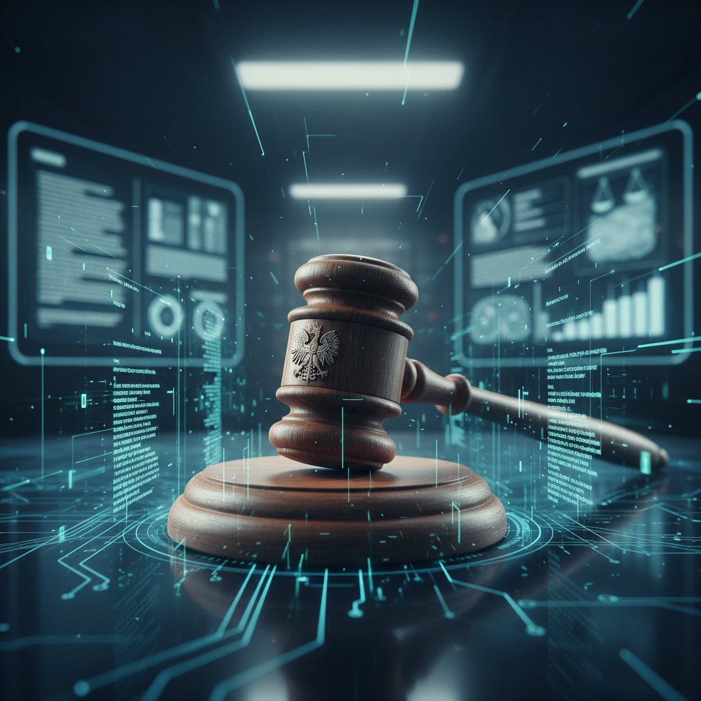 Młotek sędziego na tle cyfrowego kodu – symbol połączenia prawa i technologii