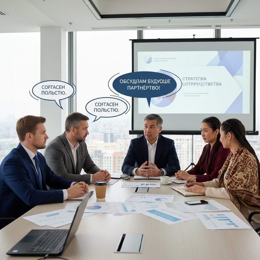 Zespół polskich i kazachskich specjalistów podczas spotkania biznesowego, rosyjski jako język komunikacji