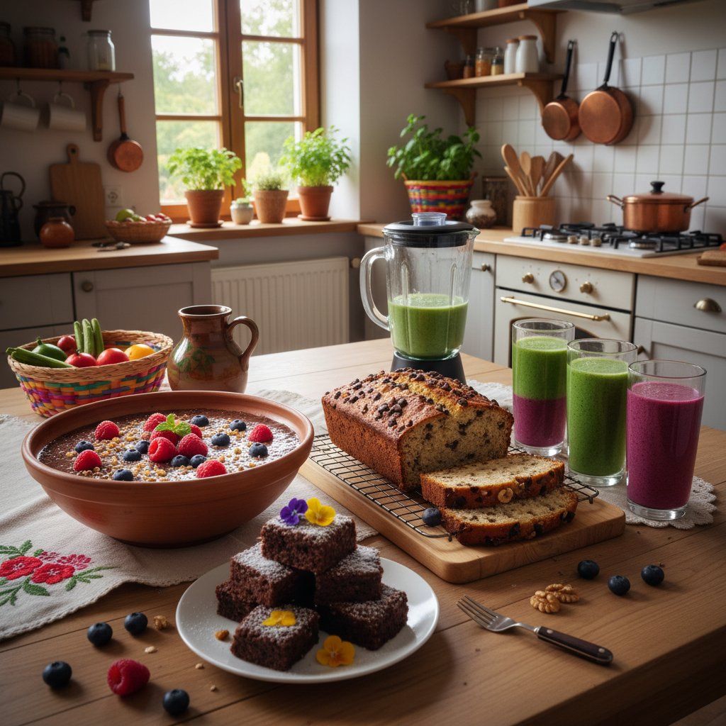 Nowoczesna polska kuchnia z różnymi zdrowymi deserami, fit ciasto i smoothie na stole