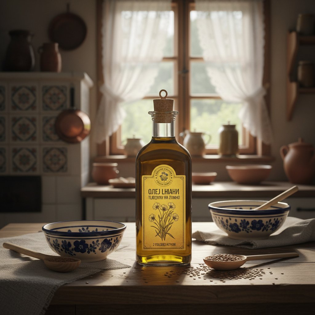 Tradycyjna polska kuchnia z olejem lnianym na stole