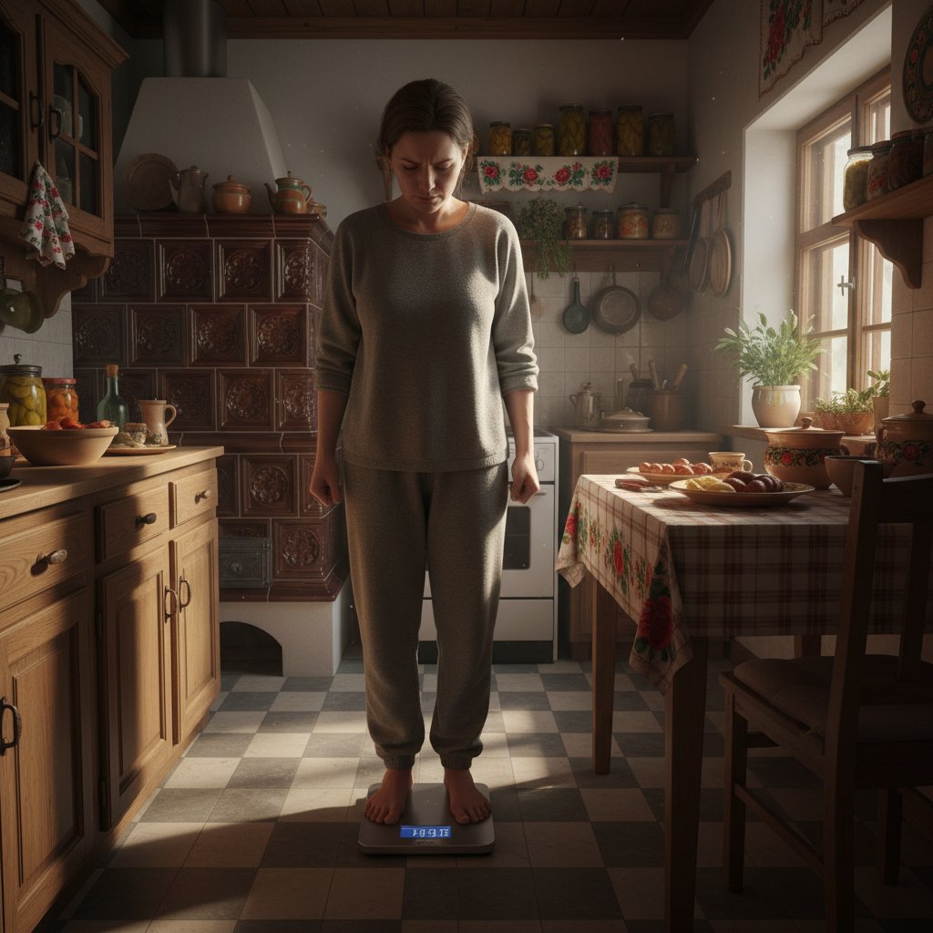 Osoba ważąca się w kuchni w Polsce, atmosfera niepewności i oczekiwania, motyw diety kopenhaskiej