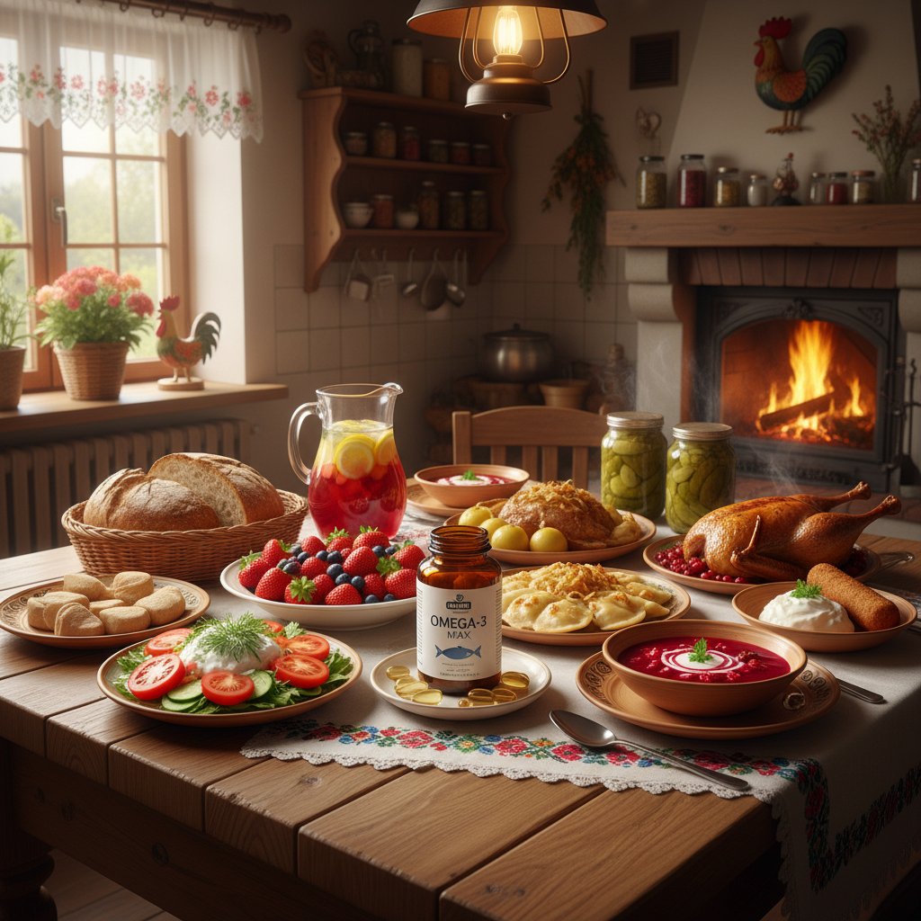 Polska kuchnia z letnimi i zimowymi produktami, suplementy omega 3 na stole