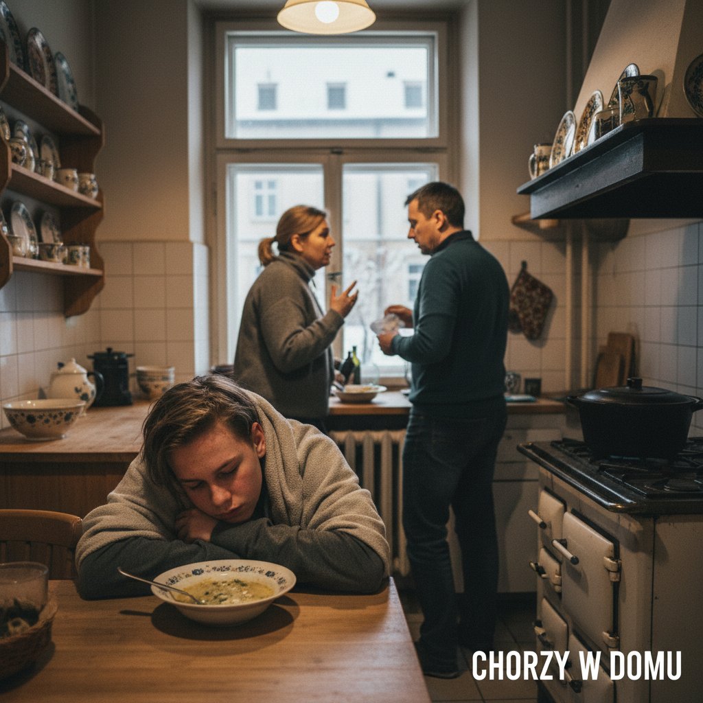 Nastolatek źle się czuje w kuchni, rodzice rozmawiają, rozpoznanie norowirus