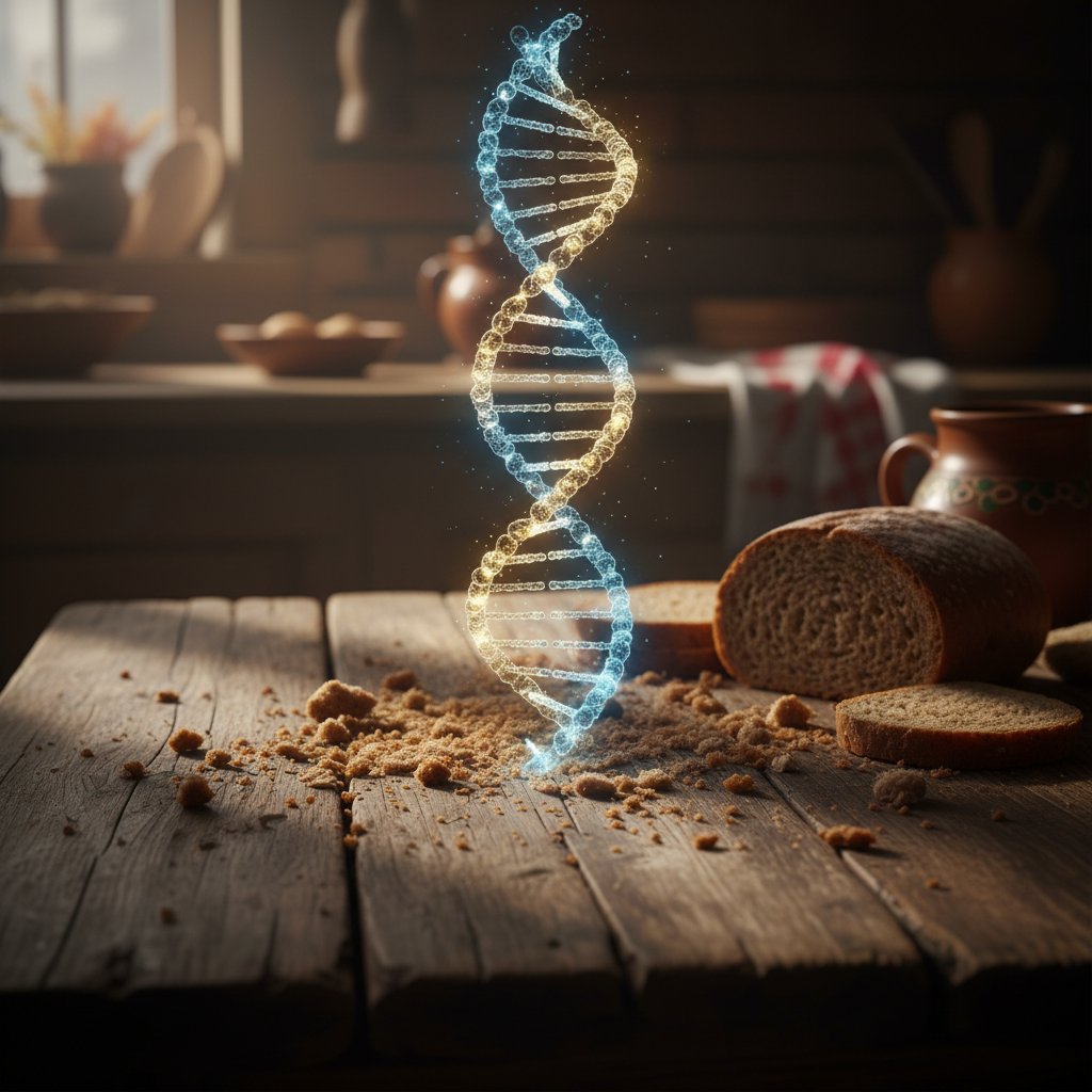 Polski stół kuchenny, przekrojony bochenek chleba, okruchy, dramatyczne światło, motyw DNA