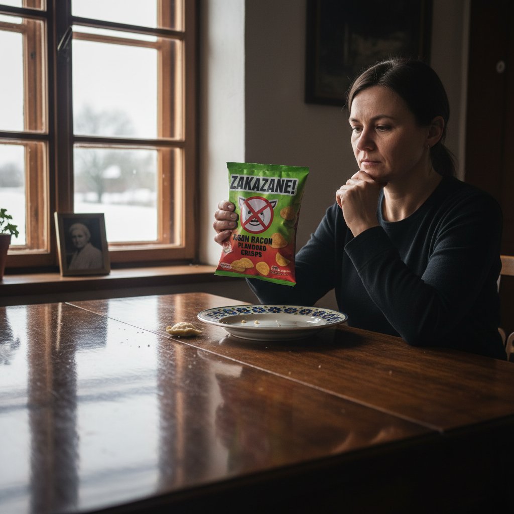 Osoba analizująca etykietę jedzenia w kuchni, poważna atmosfera, dieta przy chorobach nerek