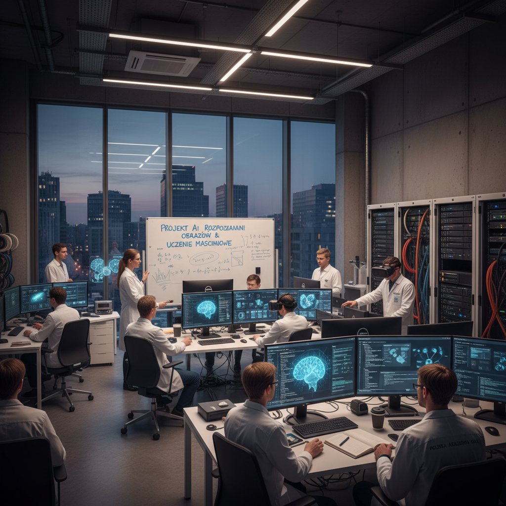 Grupa ludzi w polskim laboratorium technologicznym pracujących nad projektami AI, dynamiczna atmosfera