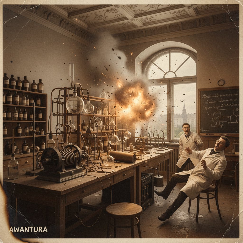 Stare polskie laboratorium po wybuchu, symbolizujące przemilczane porażki i katastrofy techniki