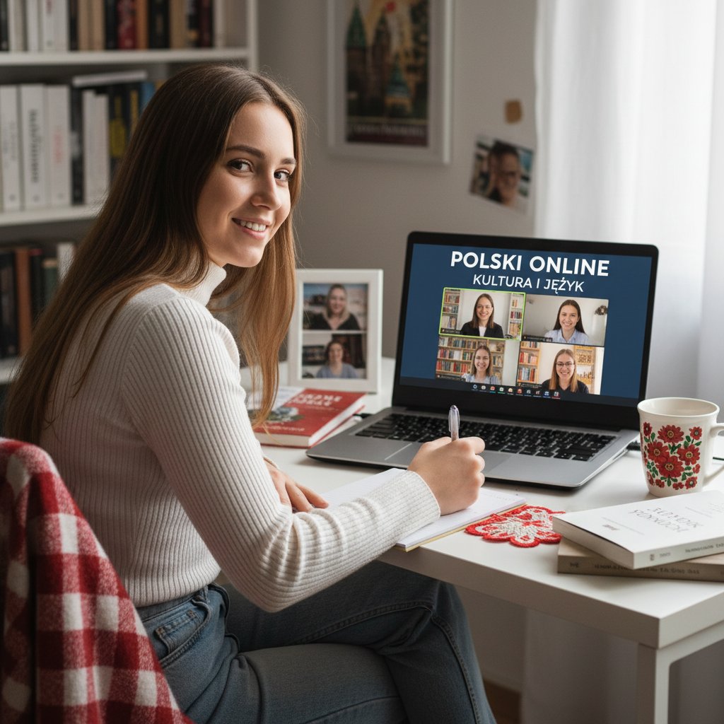 Uczeń korzystający z lekcji polskiego online na laptopie, w tle polskie symbole kulturowe