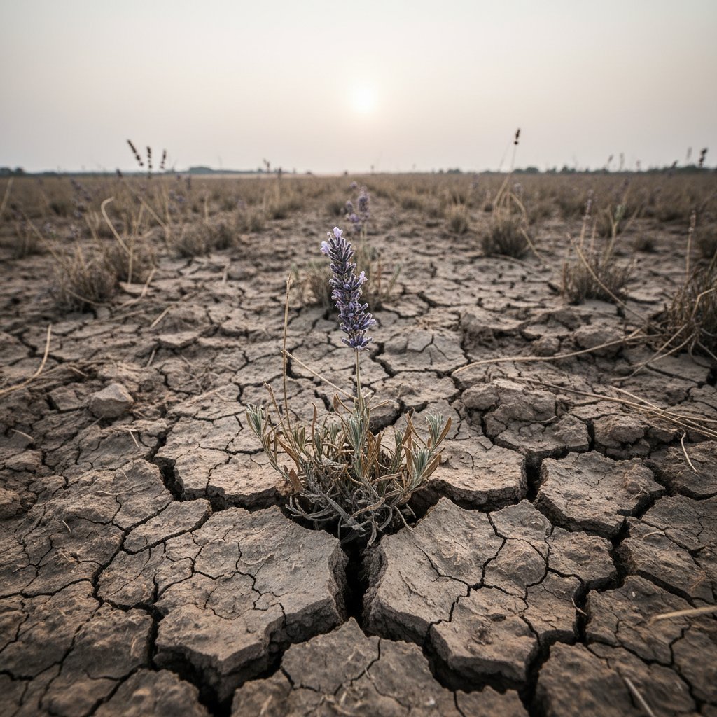 Polska plantacja lawendy w czasie suszy, pęknięta ziemia i pojedynczy kwiat