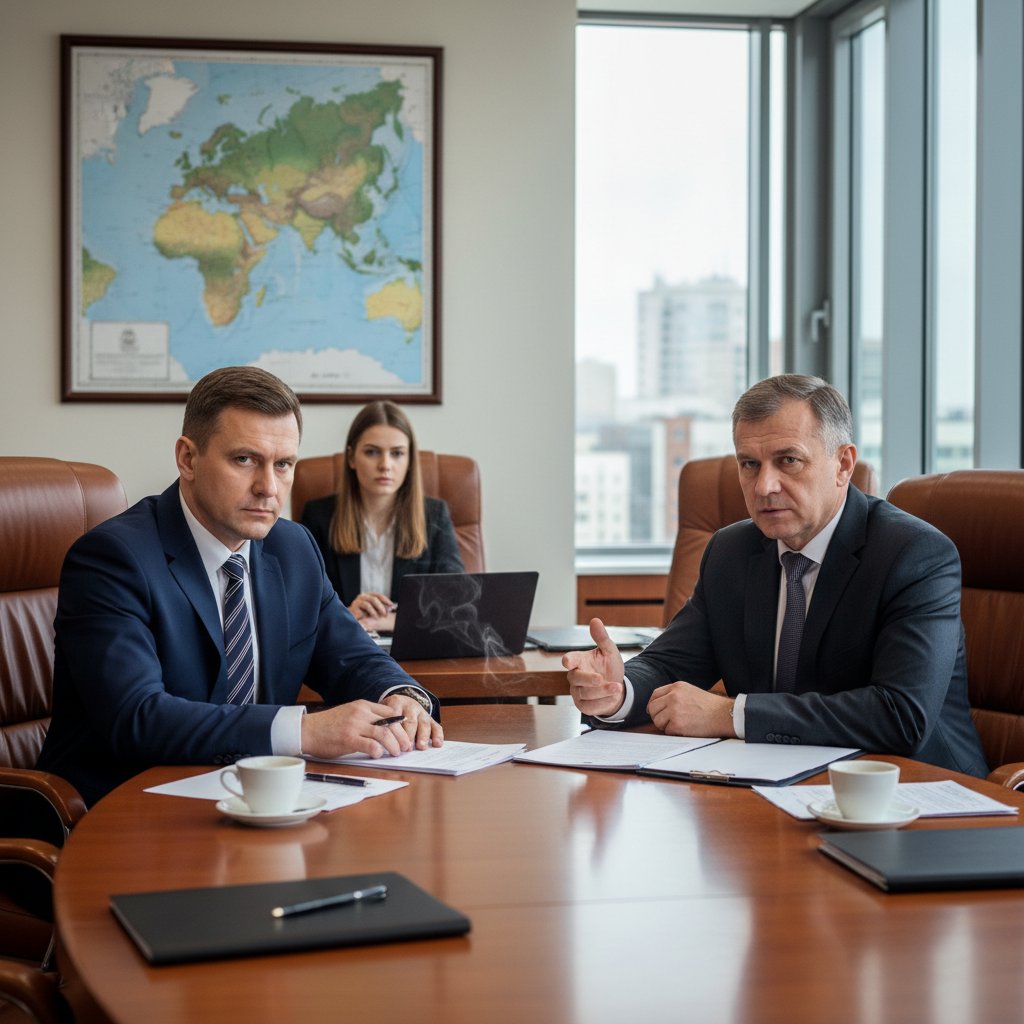 Polski prawnik podczas rozmów z rosyjskim klientem w sali konferencyjnej