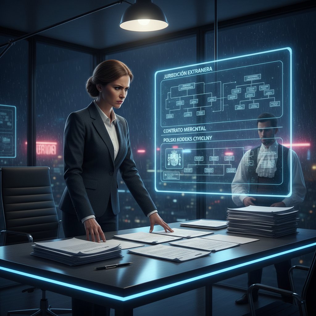 Polski prawnik analizujący hiszpańskie dokumenty prawne na tle nowoczesnego biura, wyraźne napięcie i kontrast kulturowy