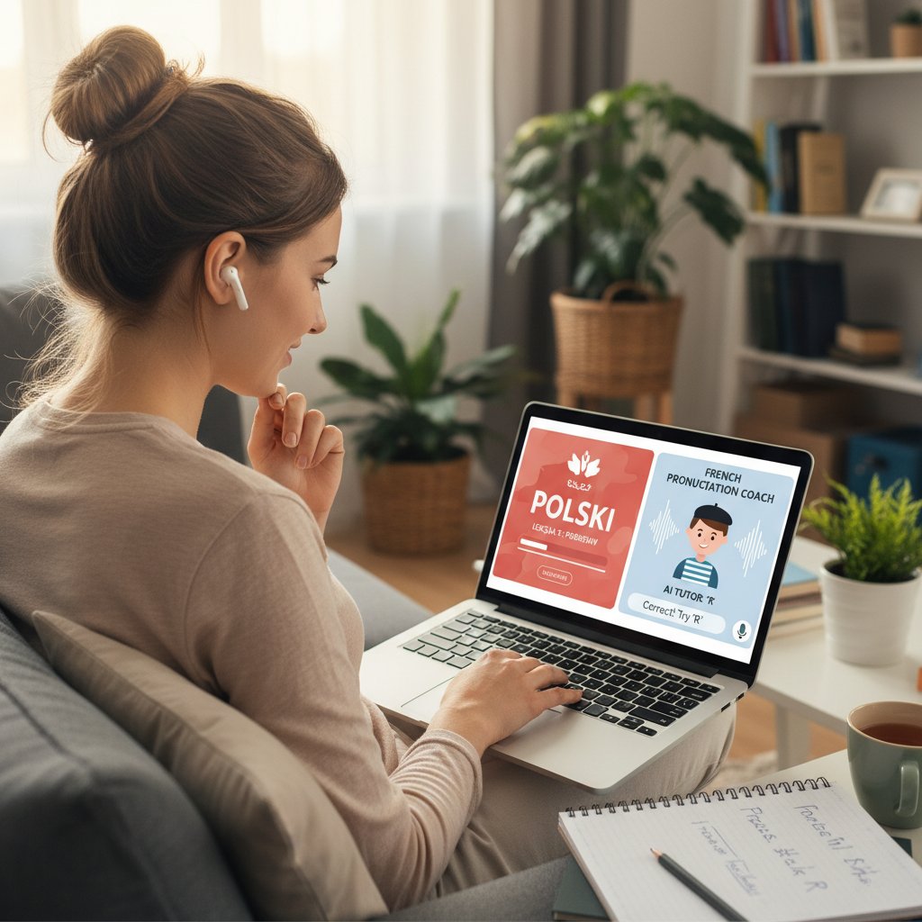 Polski uczeń korzystający z aplikacji AI do nauki wymowy francuskiej na nowoczesnym laptopie