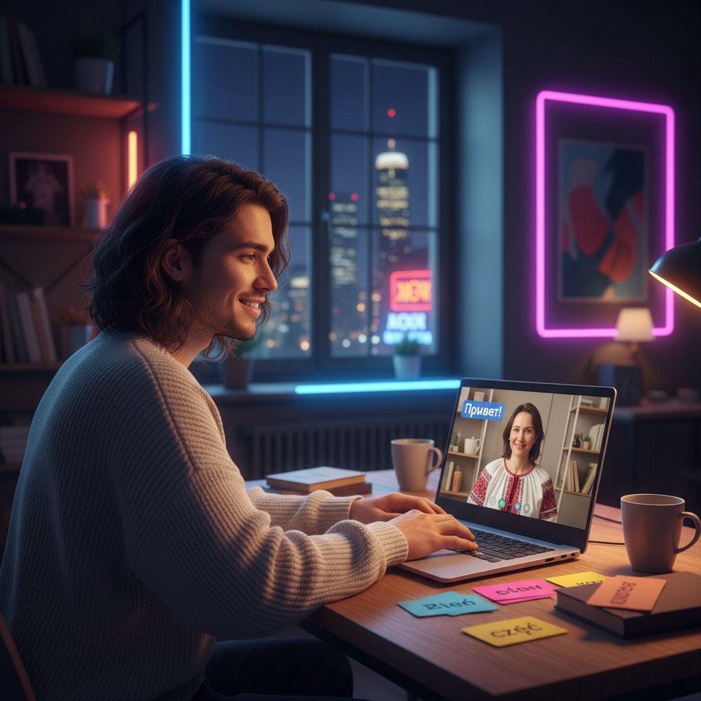 Młoda Polka i Rosjanin prowadzą żywą konwersację online w miejskich wnętrzach, klimatyczne oświetlenie, wyraziste twarze, motyw rosyjski konwersacje online