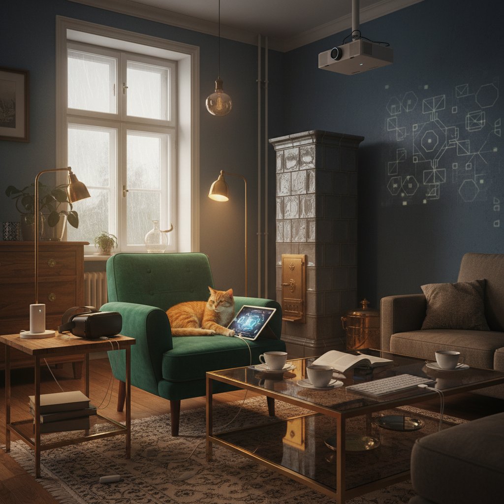 Nowoczesny salon w Polsce, kot bawi się tabletem – symbol cyfrowej opieki nad kotem online