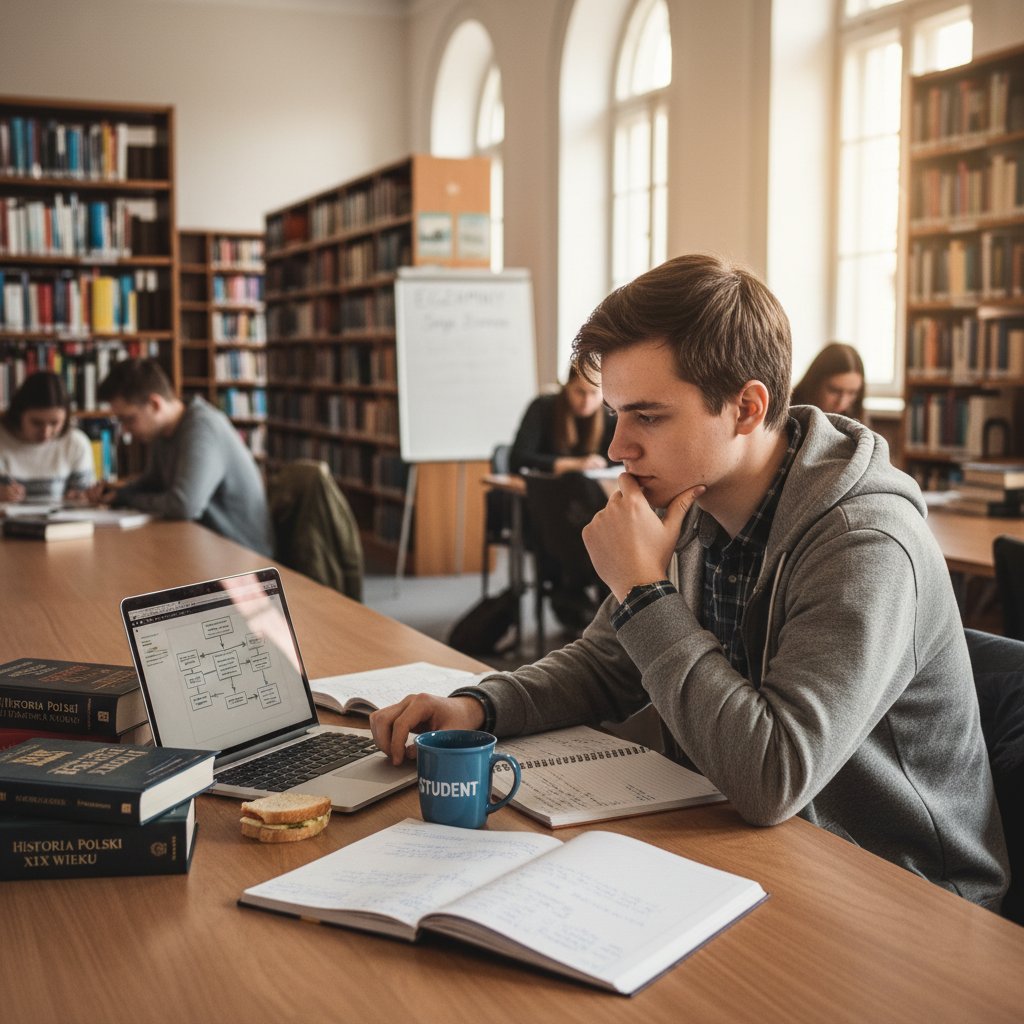 Chłopak studiujący w bibliotece, otoczony notatkami i laptopem, przygotowania do matury