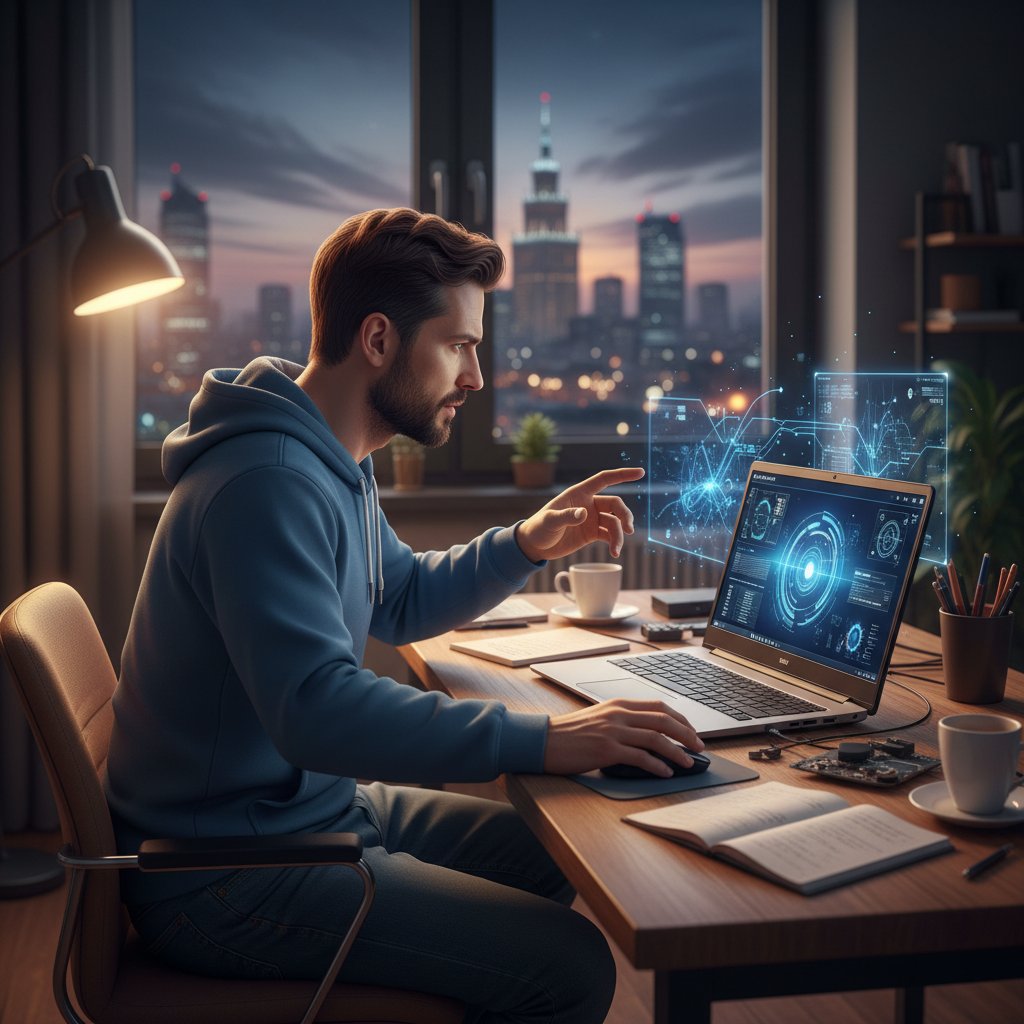 Mężczyzna korzysta z laptopa z wyświetlonymi analizami AI, domowe biuro, wieczorna atmosfera