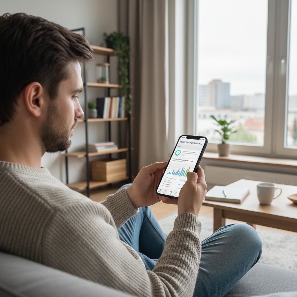 Mężczyzna analizujący swój budżet domowy z chatbotem AI na smartfonie, polskie mieszkanie, ulga i satysfakcja