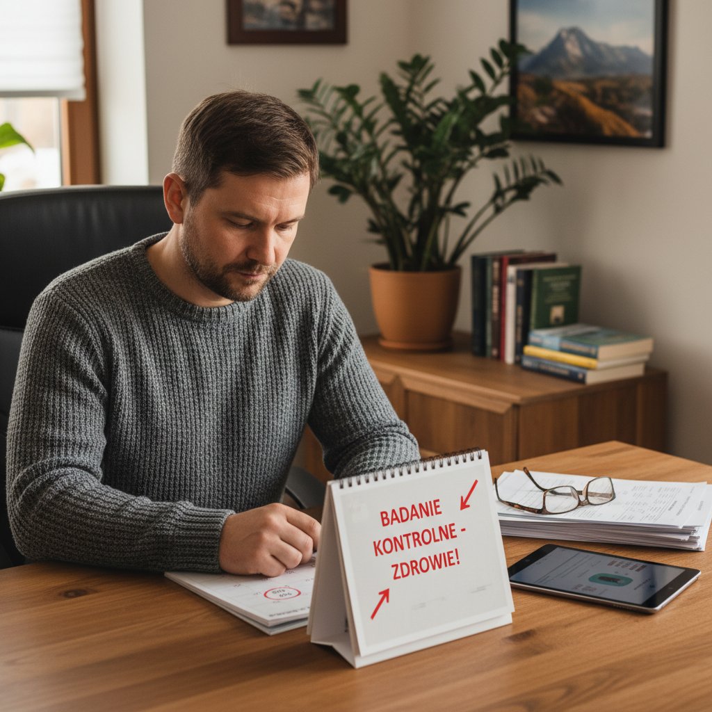 Polski mężczyzna zaznacza badania w kalendarzu, atmosfera skupienia, domowy gabinet