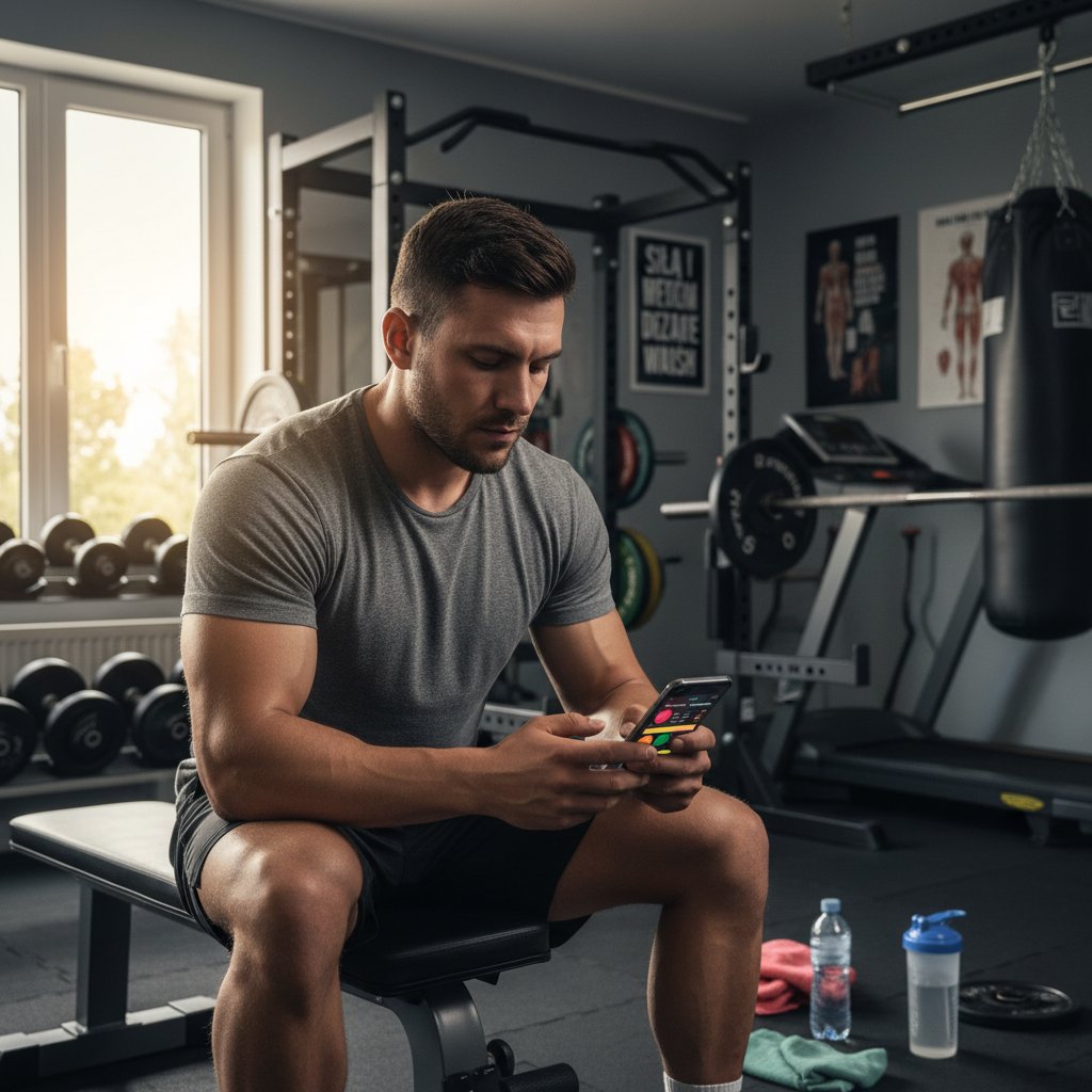 Polski mężczyzna sprawdza wyniki treningu na smartfonie, domowy sprzęt fitness w tle