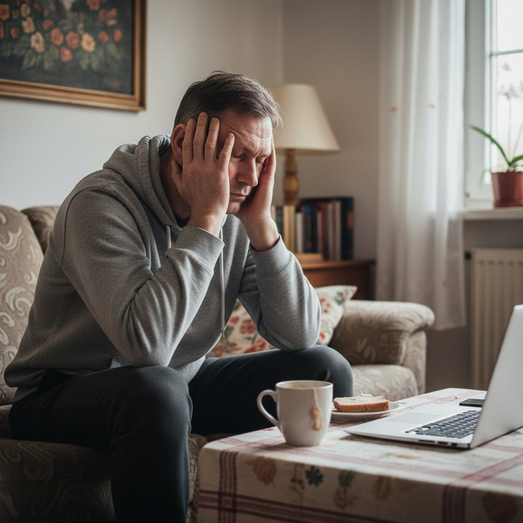 Mężczyzna po czterdziestce trzymający się za głowę, oznaki zmęczenia, domowa sceneria