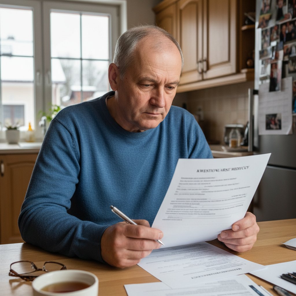 Mężczyzna wypełniający kwestionariusz medyczny w domu – samoocena ryzyka zakażenia WZW B