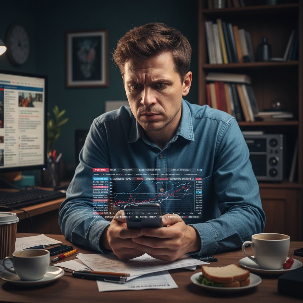 Młody mężczyzna analizuje newsy zdrowotne na smartfonie, zdezorientowany i czujny