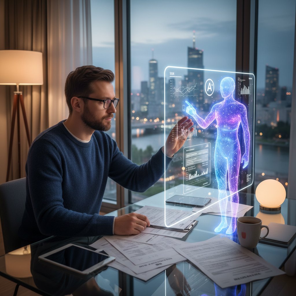 Mężczyzna w średnim wieku analizujący dokumenty podatkowe przy komputerze z widocznym ekranem AI