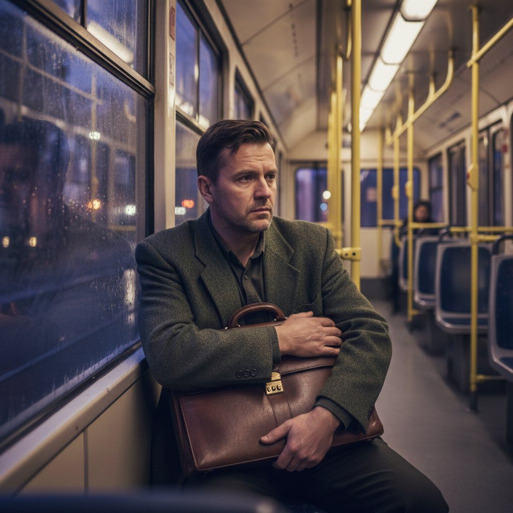 Relacja stresu i kultury: starszy mężczyzna patrzy przez okno tramwaju, nocne światła miasta odbijają się w szybie, keywords: stres, samotność, polska kultura