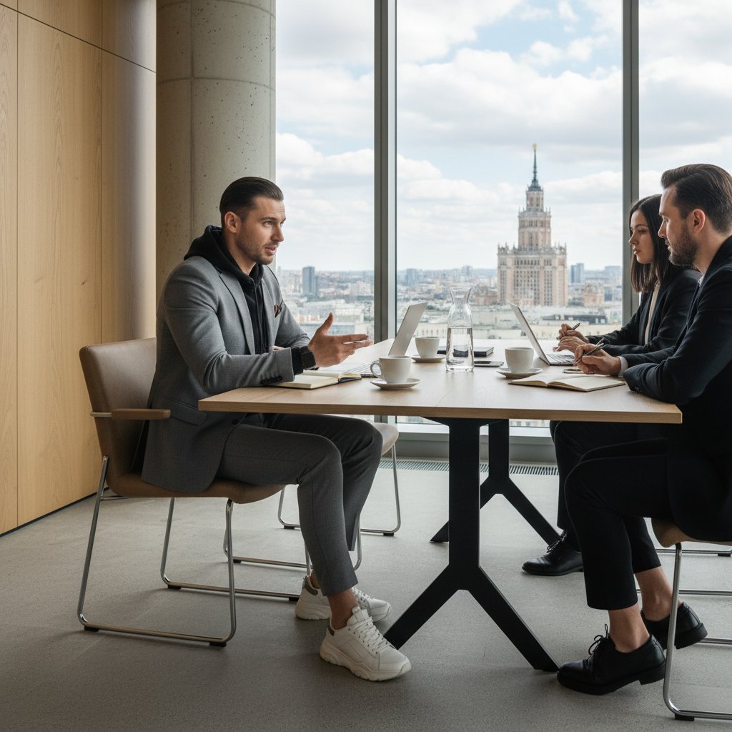 Mężczyzna w miejskim stylu robiący mocne pierwsze wrażenie na spotkaniu biznesowym w Warszawie